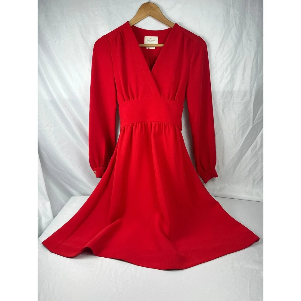 Kate Spade New York Red Empire Waist Long Sleeve V-Neck‎ Dress Size 0